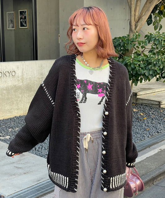 HELLO.SANFRANCISCO Pearl button stitch over knit orange - Image 1