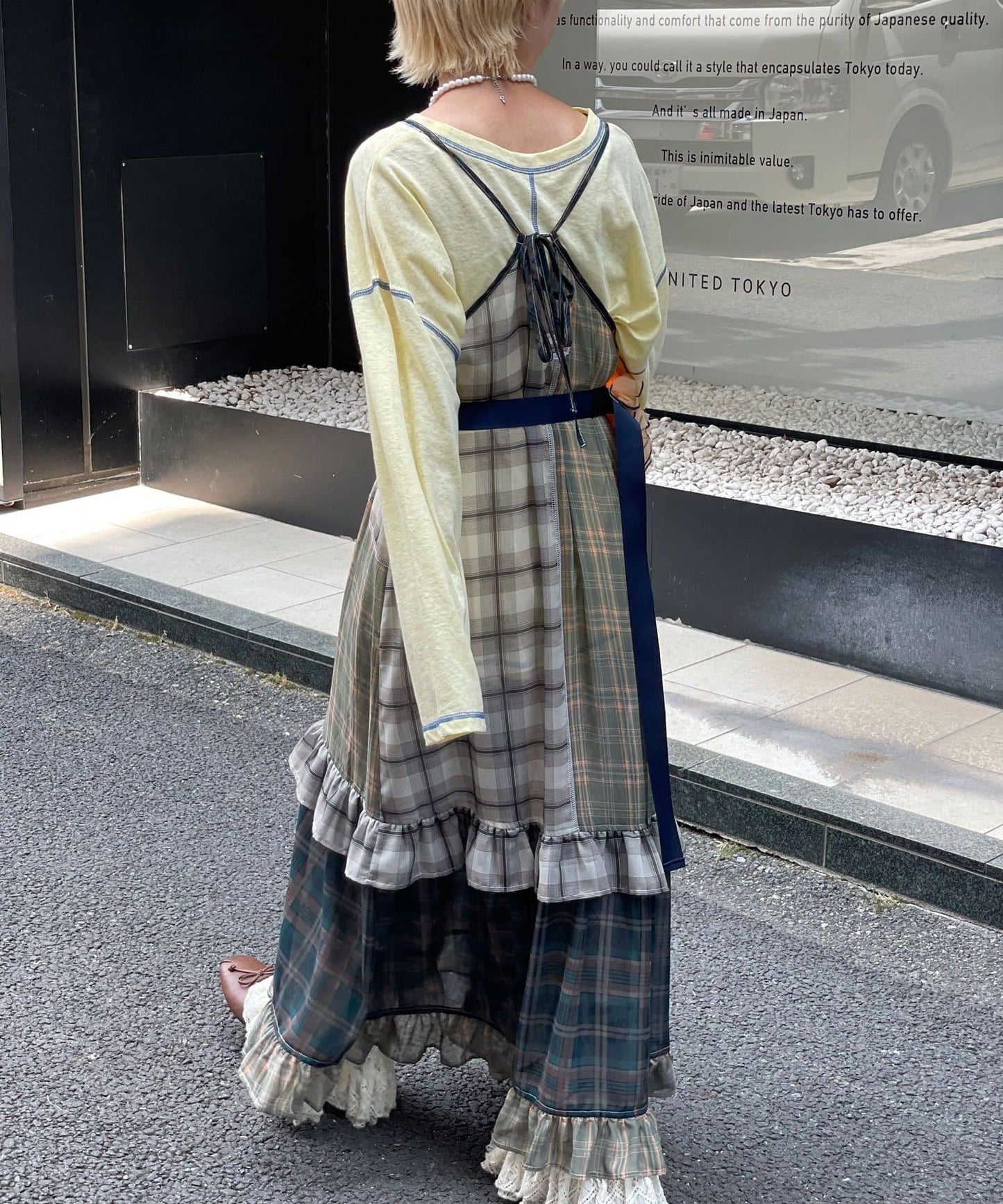 HELLO.SANFRANCISCO 透視格紋拼接吊帶連身裙