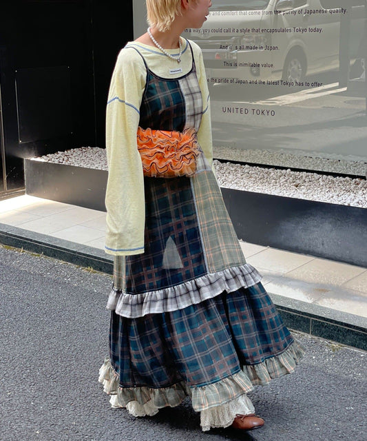 HELLO.SANFRANCISCO 透視格紋拼接吊帶連身裙