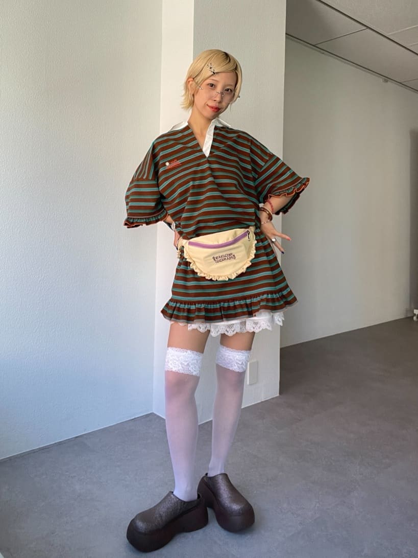 HELLO.SANFRANCISCO Ruffle邊橫條polo裙