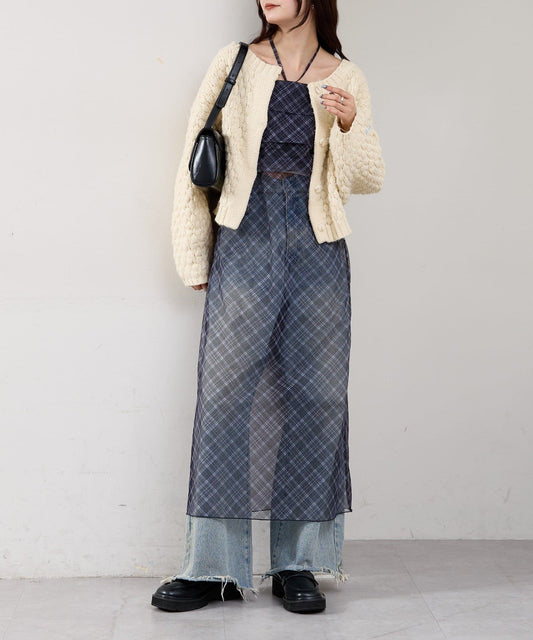 mystic 透視格紋吊帶裙