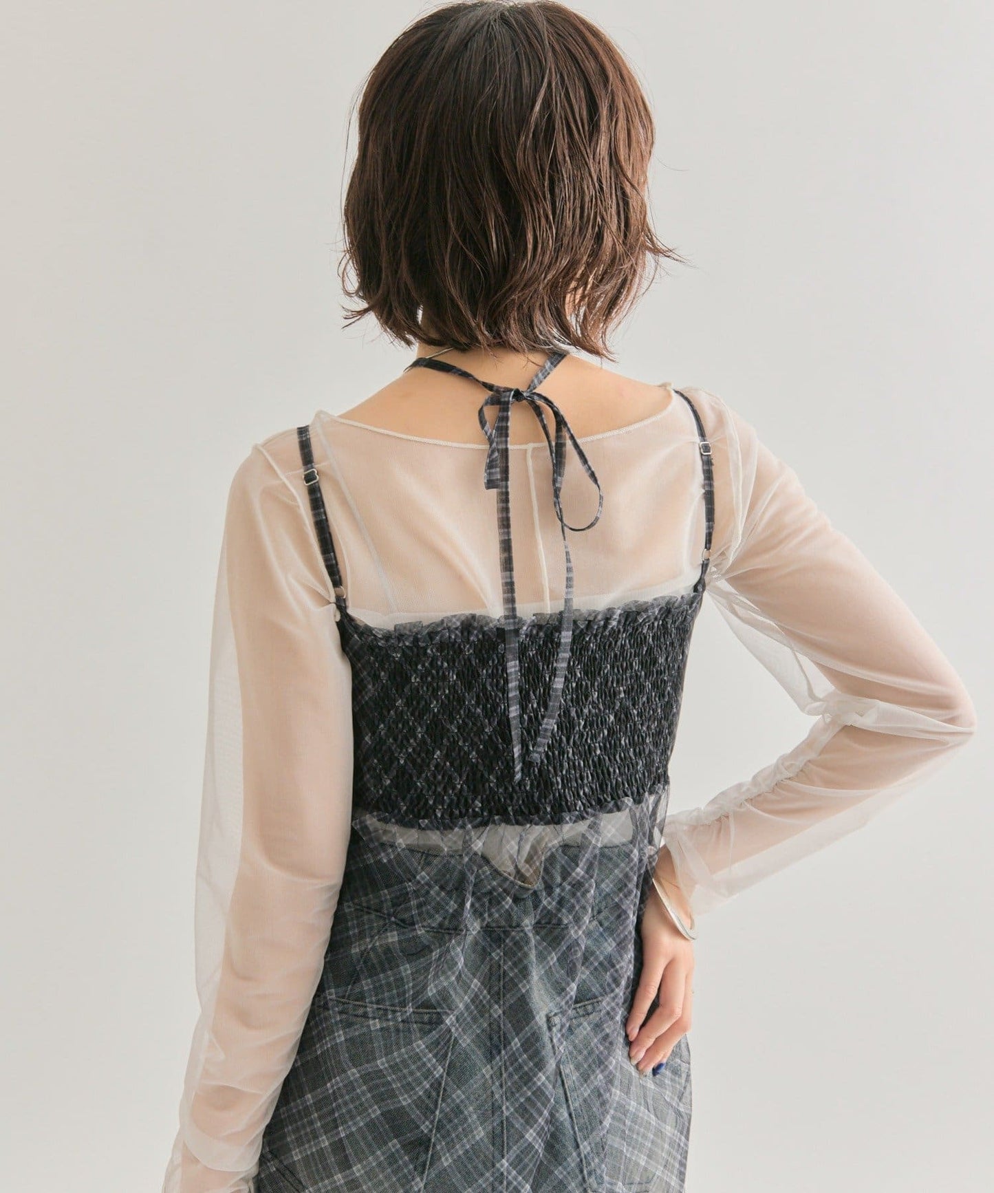 mystic 透視格紋吊帶裙