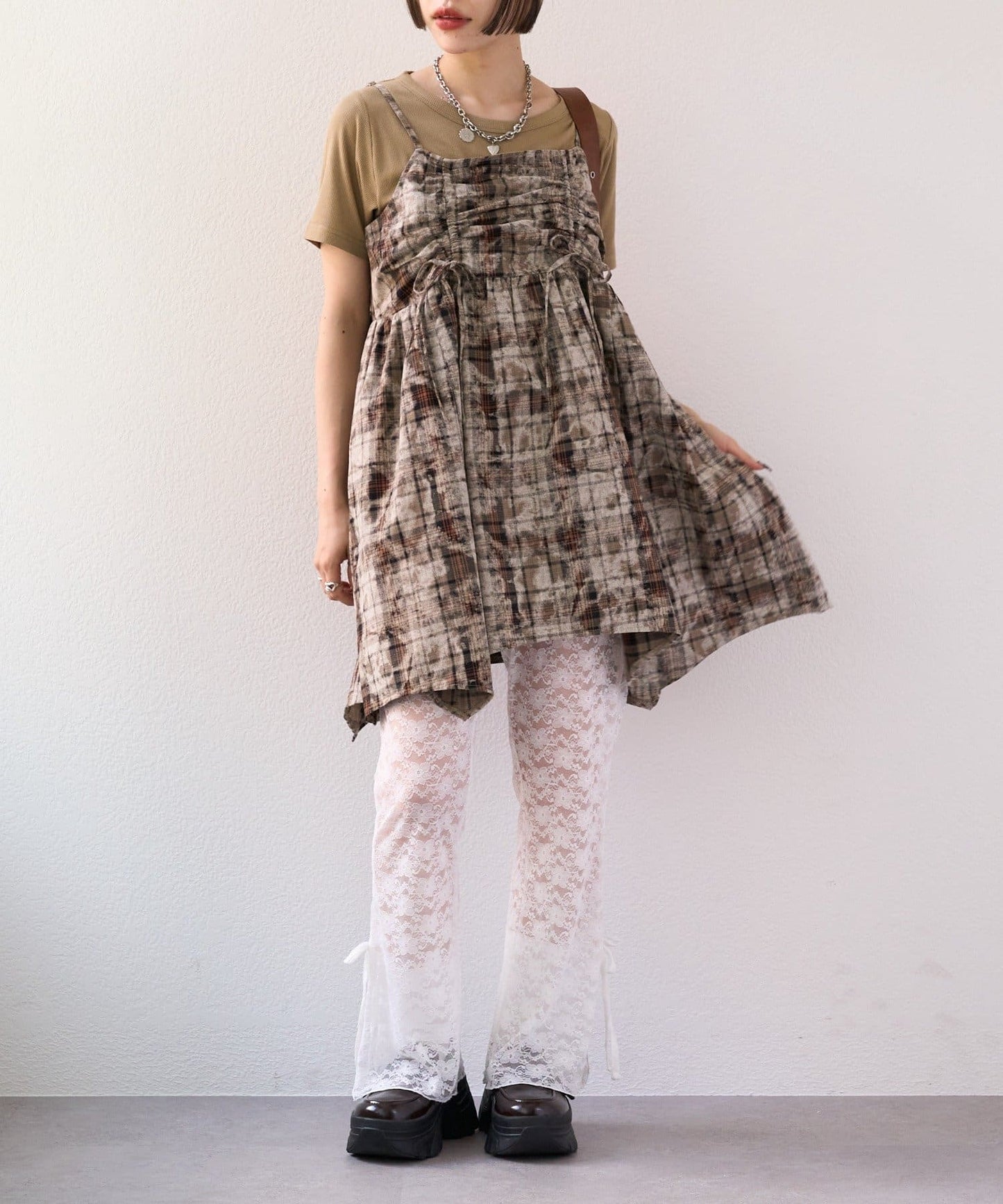 w closet 格紋吊帶連身裙