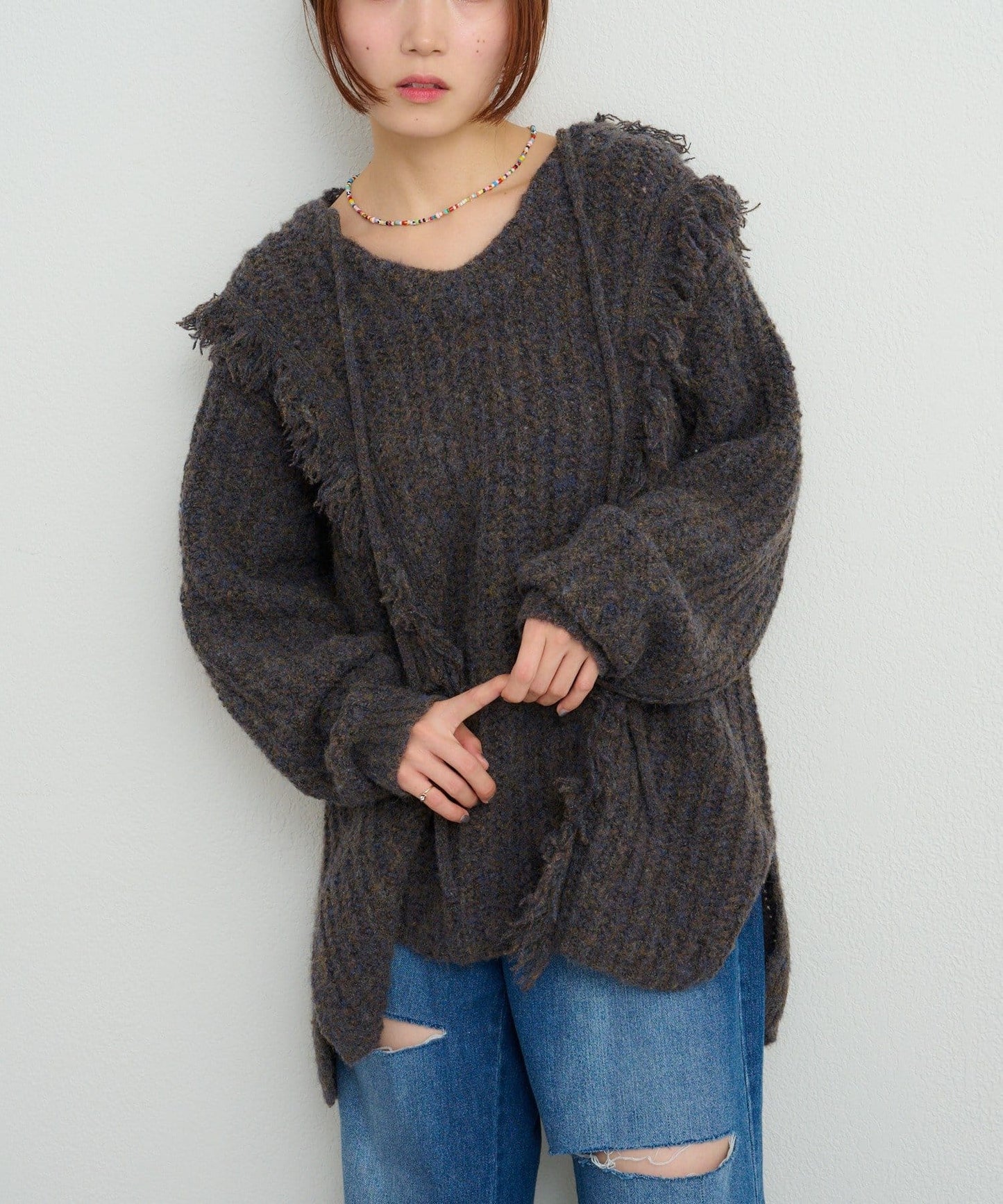 w closet 連帽流蘇混紡針織衫