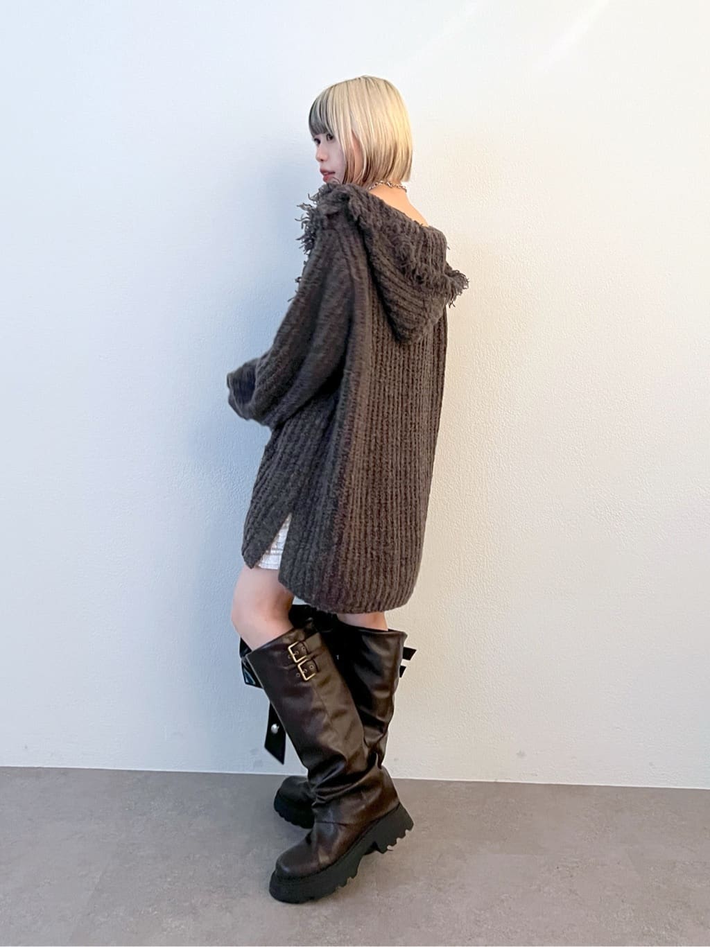 w closet 連帽流蘇混紡針織衫