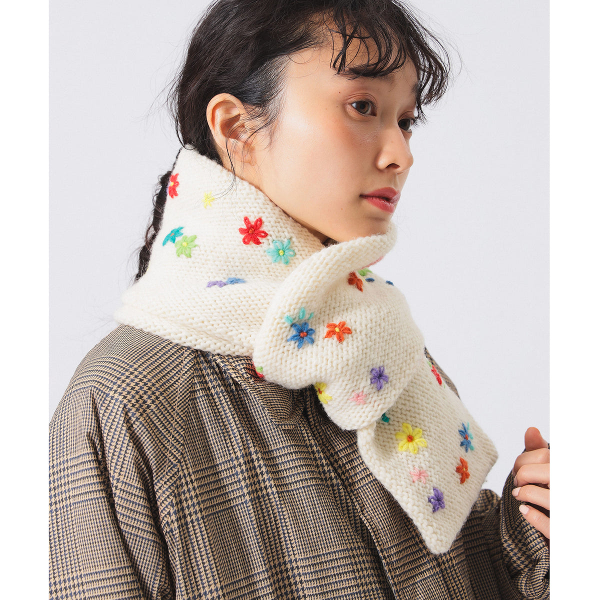 BEAMS BOY 100%羊毛花花刺繡頸巾