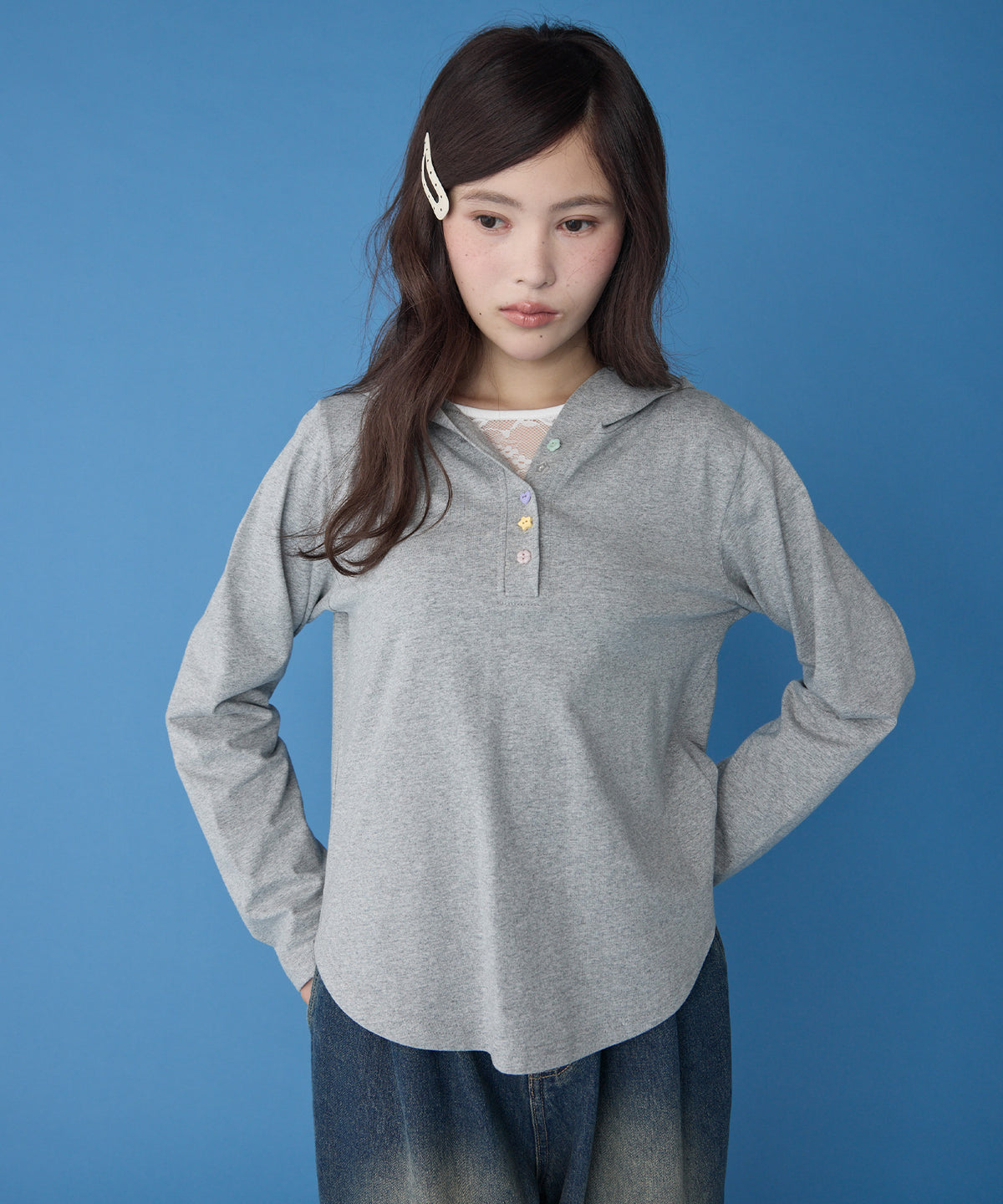 unblend 彩色紐 Henley Neck Hoodie Top - Image 1