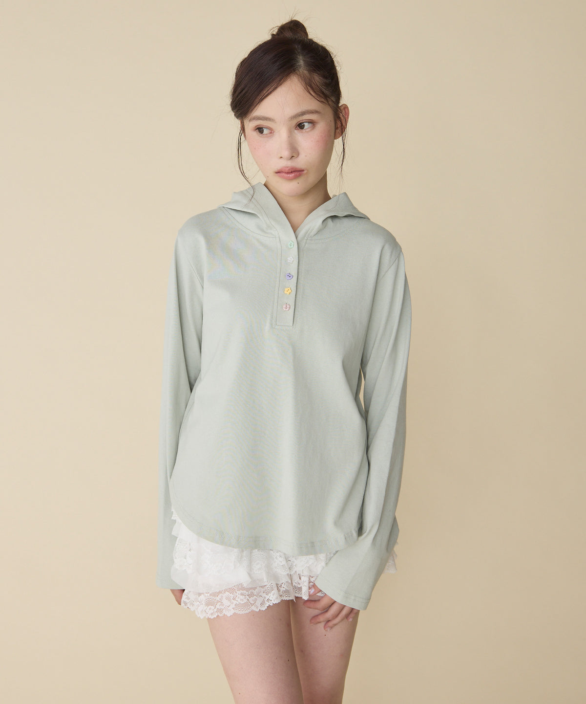 unblend 彩色紐 Henley Neck Hoodie Top - Image 3
