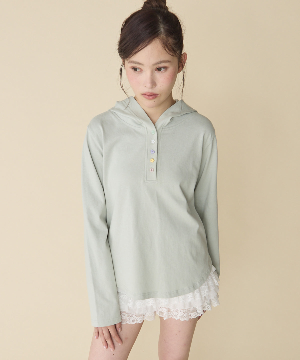 unblend 彩色紐 Henley Neck Hoodie Top - Image 39