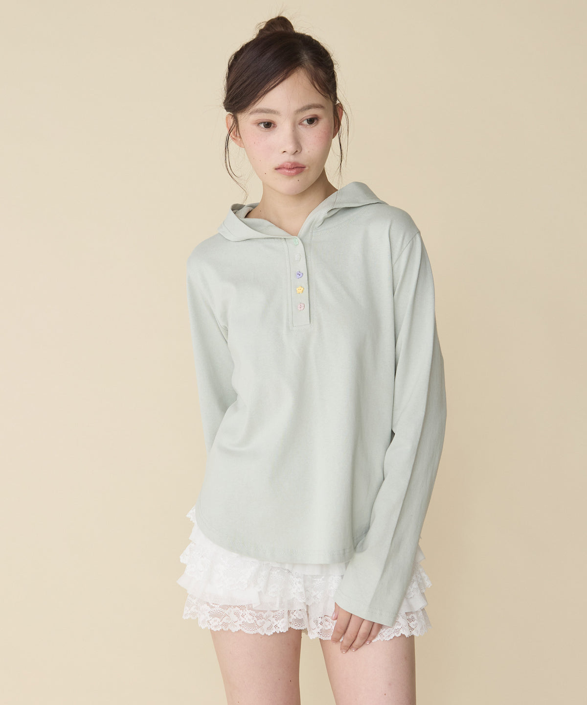 unblend 彩色紐 Henley Neck Hoodie Top - Image 41