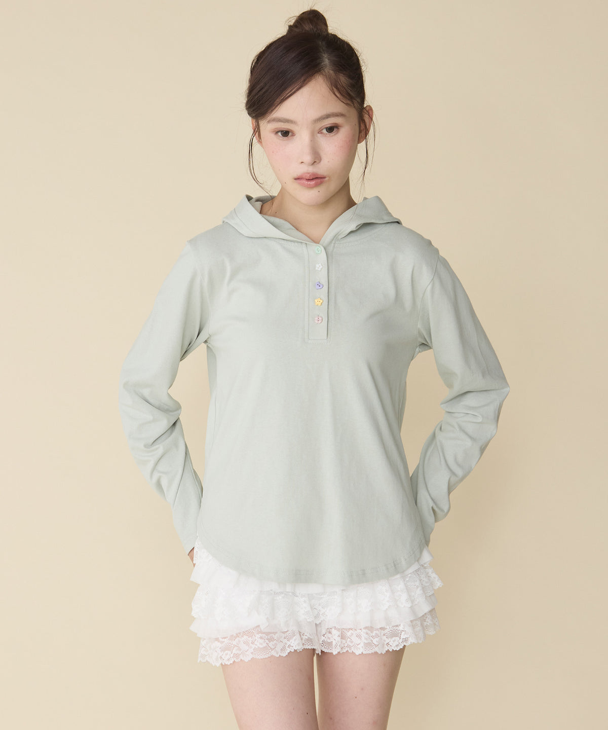 unblend 彩色紐 Henley Neck Hoodie Top - Image 42