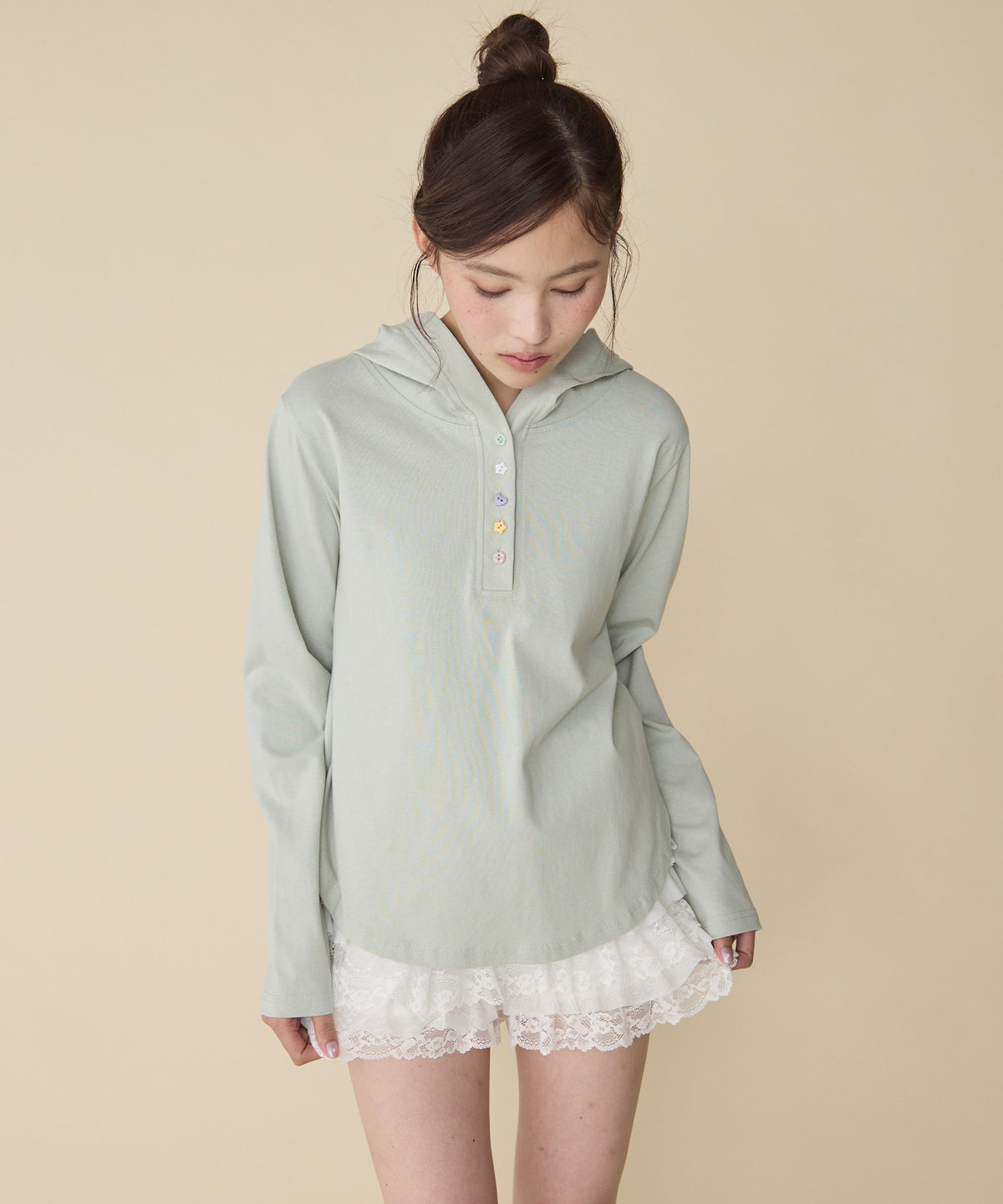 unblend 彩色紐 Henley Neck Hoodie Top - Image 43