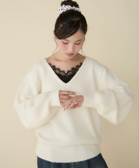unblend Faux-layered lace V-neck knit - Image 1