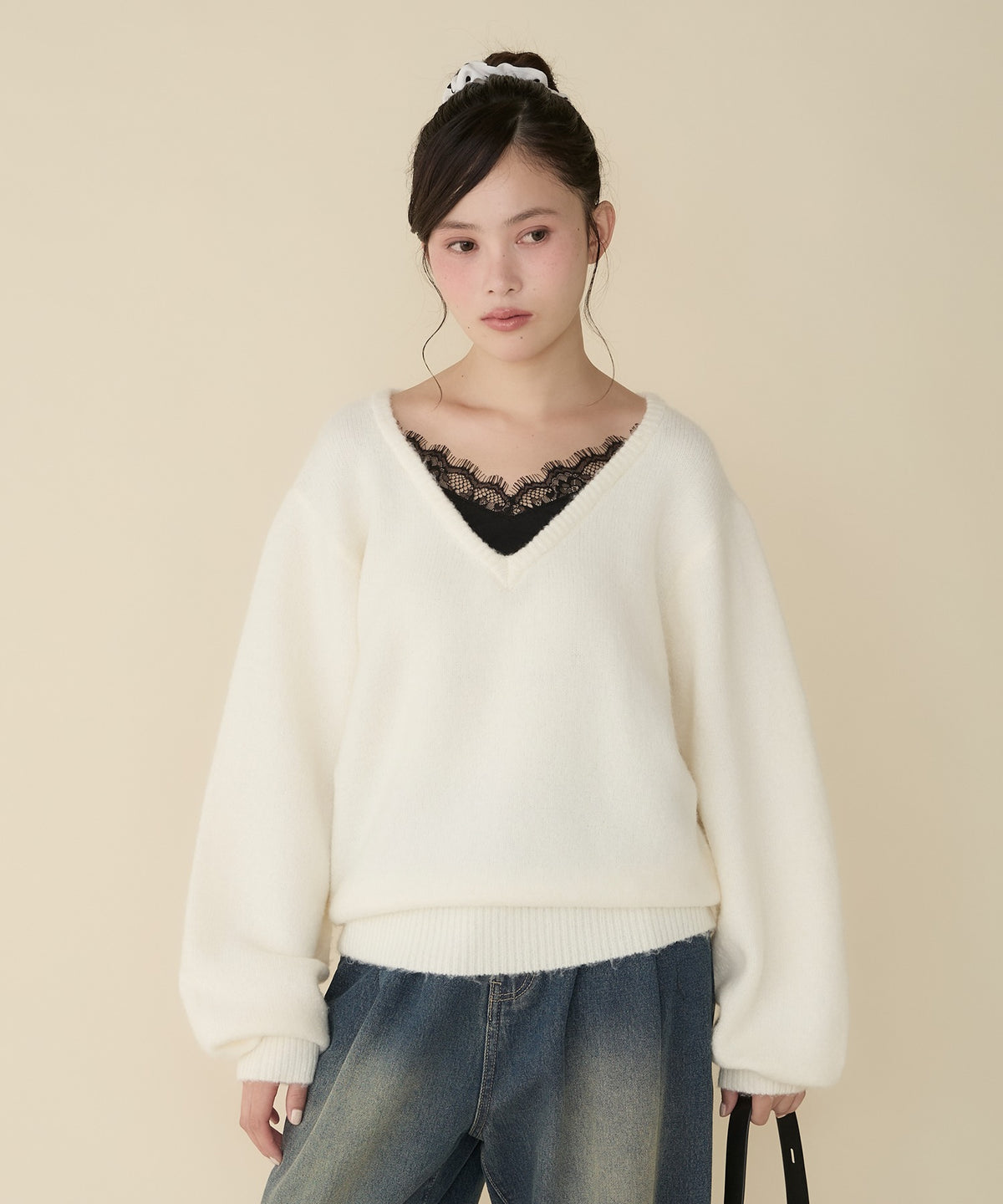 unblend Faux-layered lace V-neck knit - Image 52