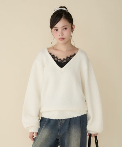 unblend Faux-layered lace V-neck knit - Image 52