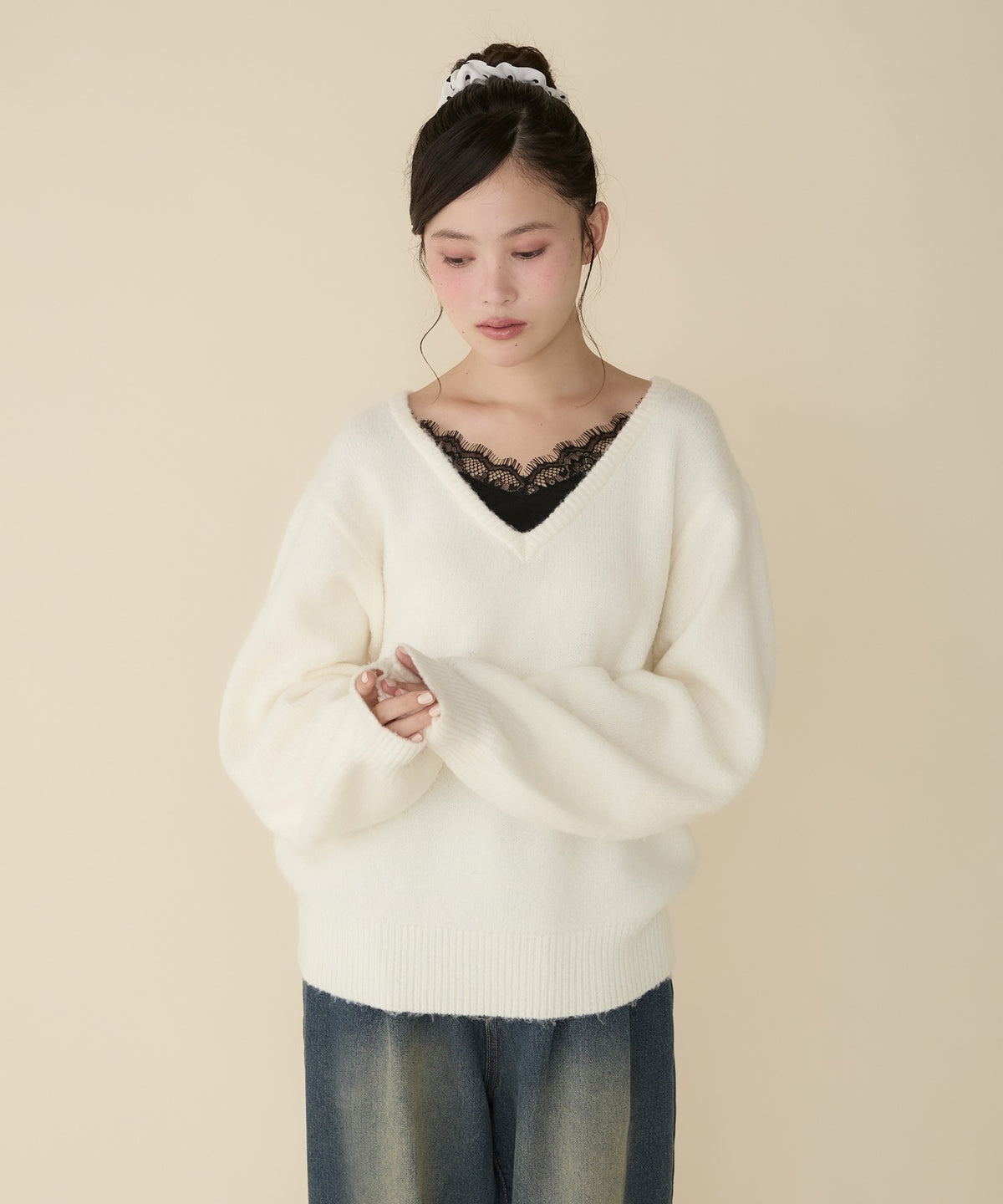 unblend Faux-layered lace V-neck knit - Image 57