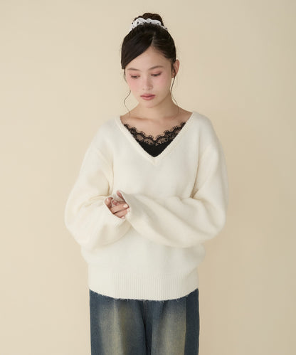 unblend Faux-layered lace V-neck knit - Image 57