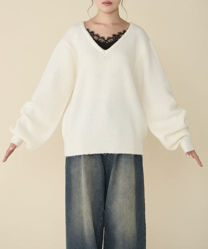 unblend Faux-layered lace V-neck knit - Image 59