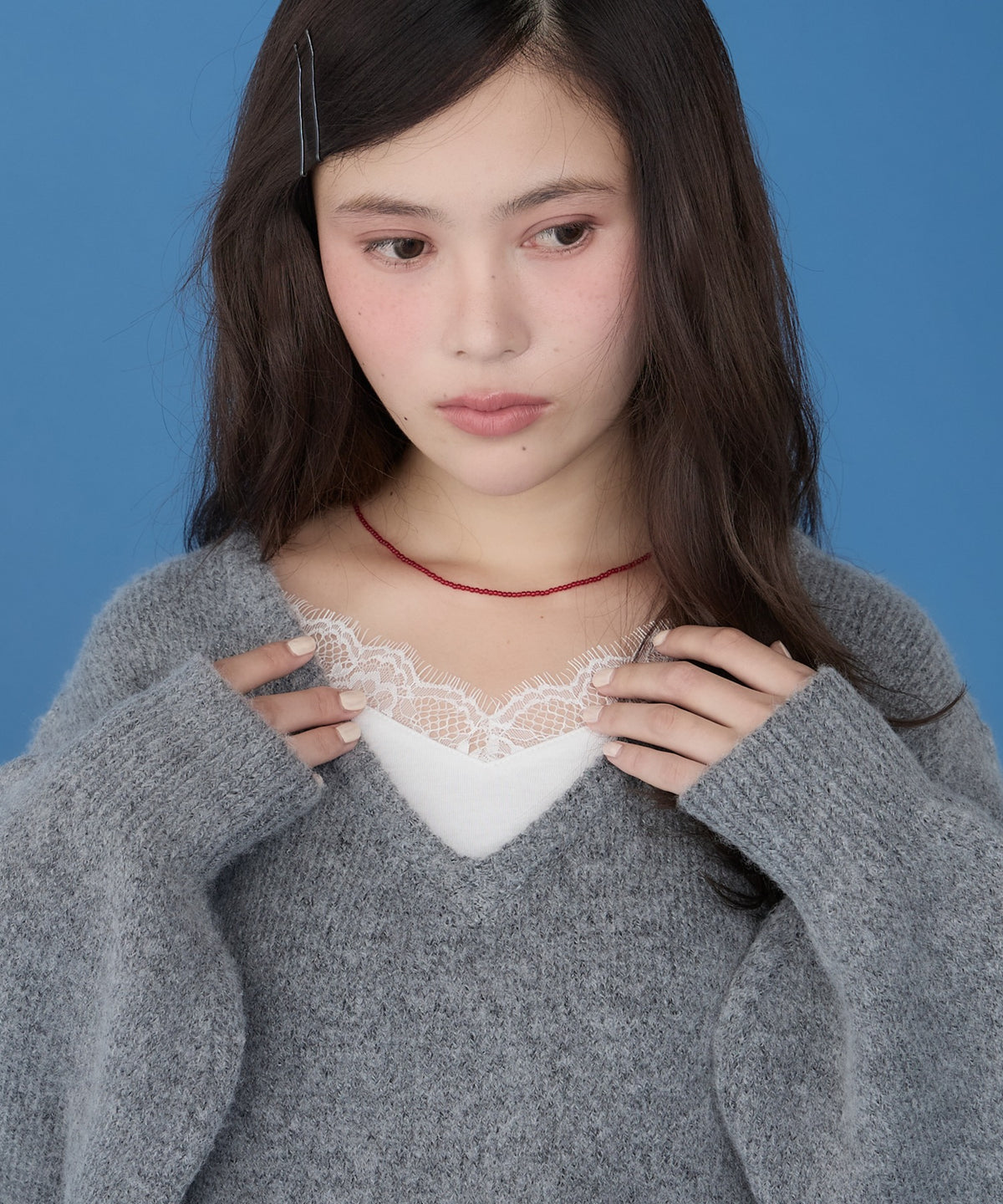 unblend Faux-layered lace V-neck knit - Image 15