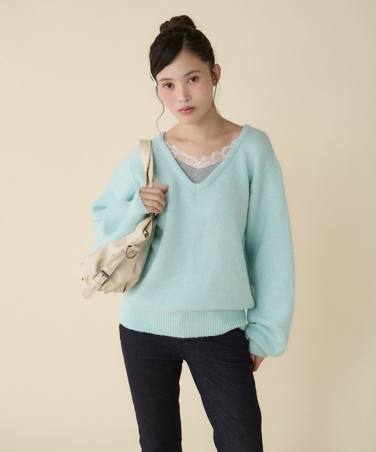 unblend Faux-layered lace V-neck knit - Image 45