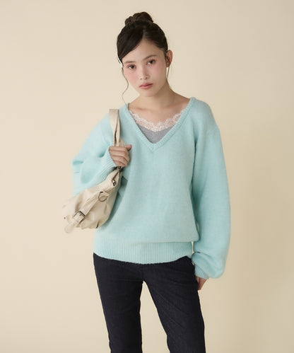 unblend Faux-layered lace V-neck knit - Image 45