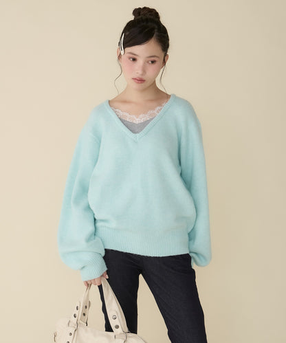 unblend Faux-layered lace V-neck knit - Image 46