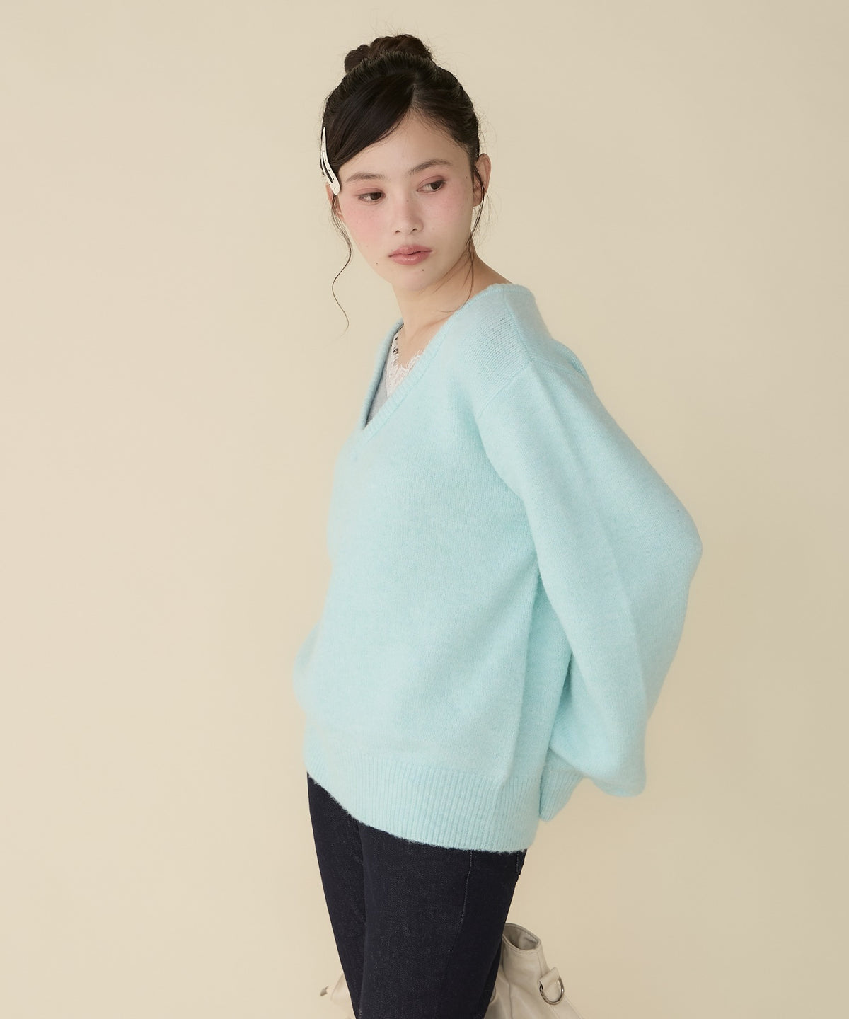 unblend Faux-layered lace V-neck knit - Image 47