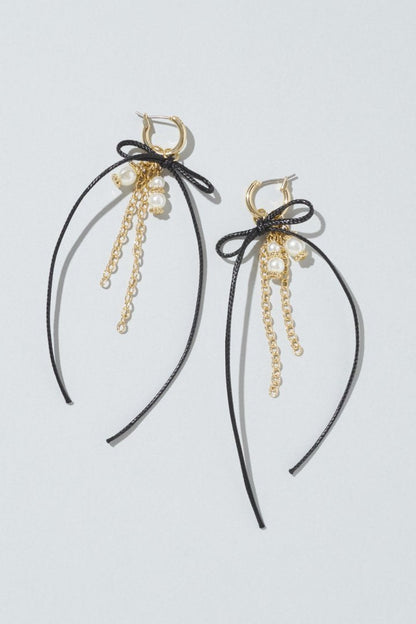GOLDY Cord ribbon x pearl chain long earrings - light gold