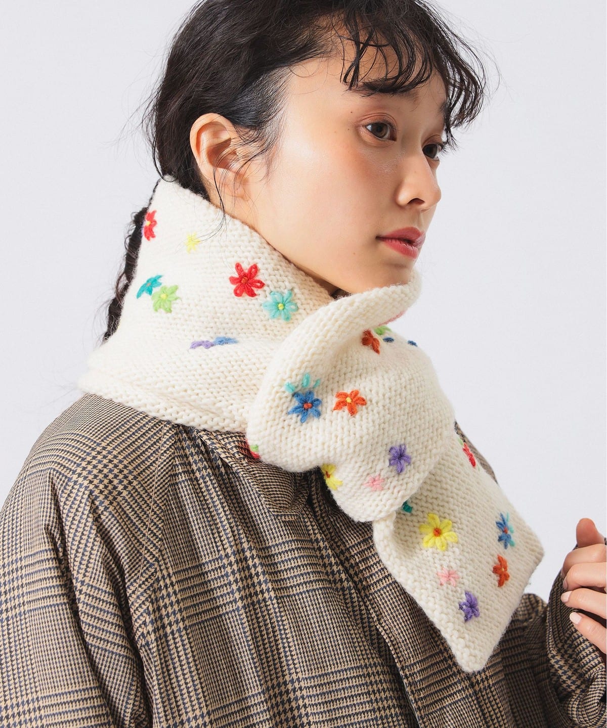 BEAMS BOY 100%羊毛花花刺繡頸巾