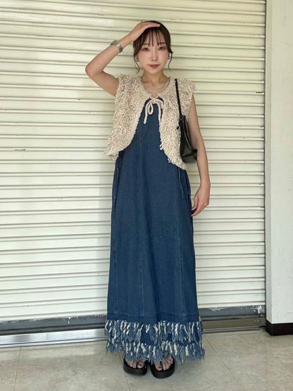 KBF 流蘇牛仔吊帶連身裙