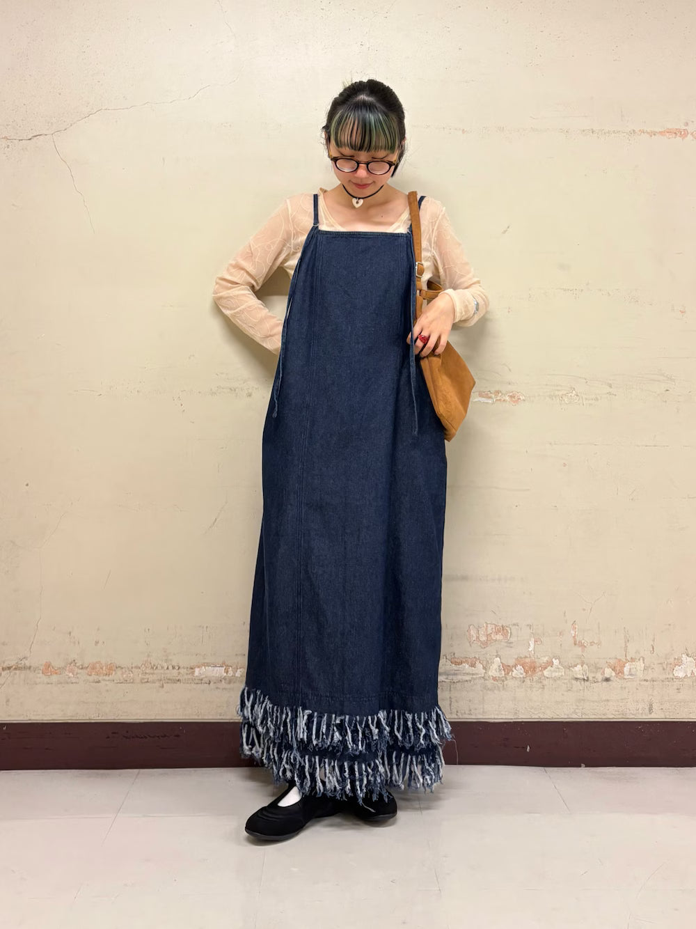 KBF 流蘇牛仔吊帶連身裙