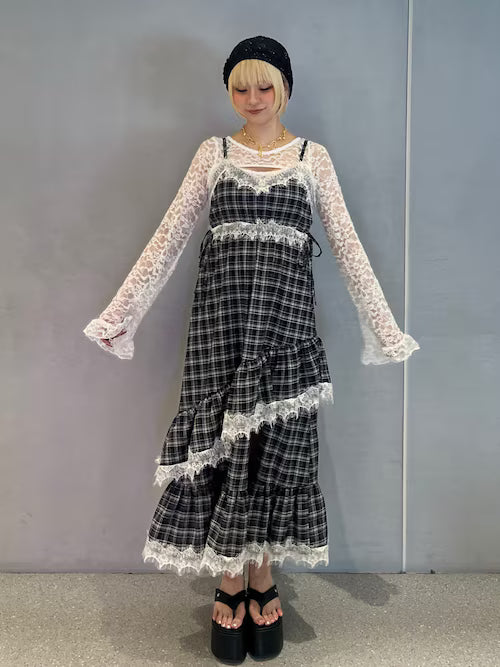 jouetie Lace拼接荷葉邊吊帶連身裙