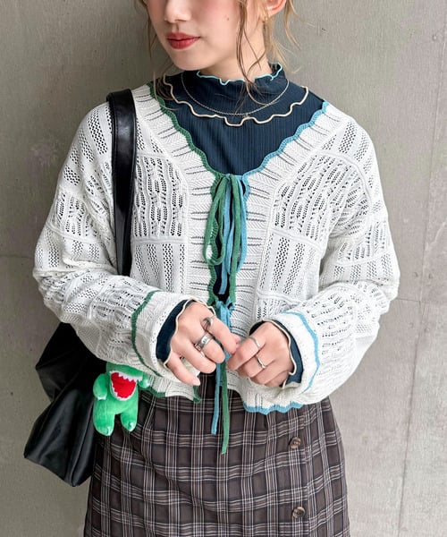 撞色 ribbon lace knit cardigan - Image 1