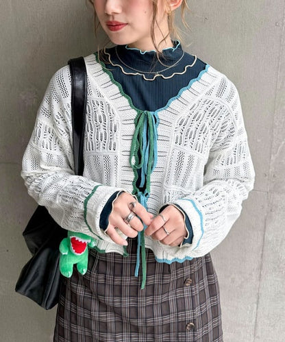 撞色 ribbon lace knit cardigan - Image 1