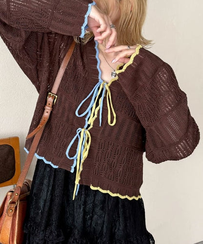 撞色 ribbon lace knit cardigan - Image 2