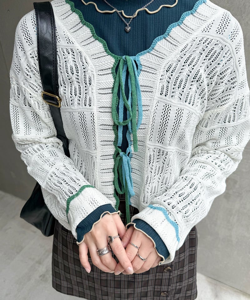 撞色 ribbon lace knit cardigan - Image 11