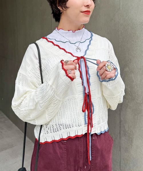 撞色 ribbon lace knit cardigan - Image 3