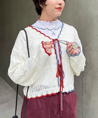撞色 ribbon lace knit cardigan - Image 3