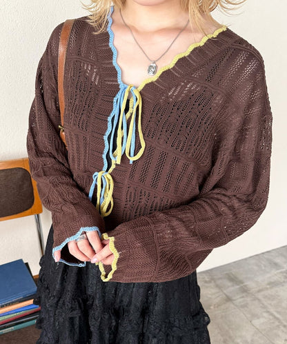 撞色 ribbon lace knit cardigan - Image 21