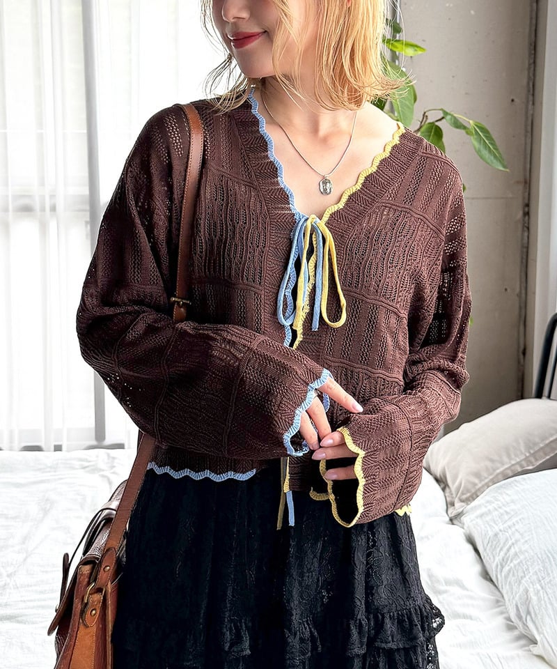 撞色 ribbon lace knit cardigan - Image 23