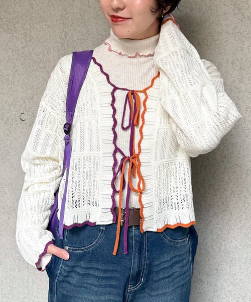 撞色 ribbon lace knit cardigan - Image 4