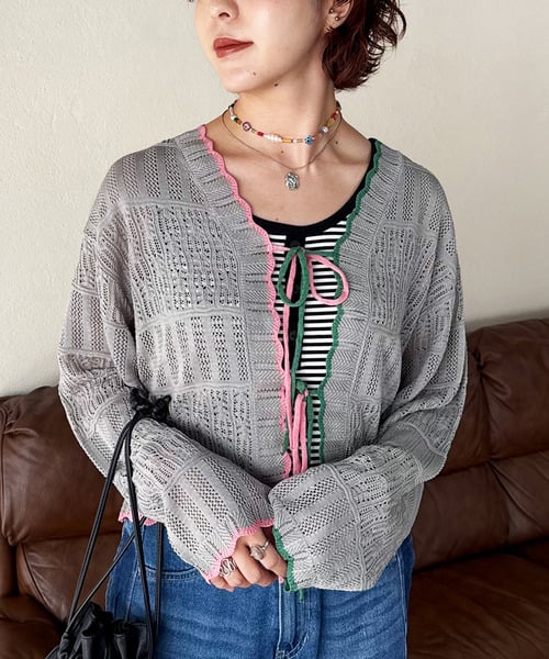 撞色 ribbon lace knit cardigan - Image 6