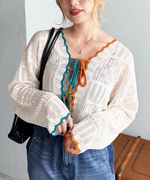 撞色 ribbon lace knit cardigan - Image 7