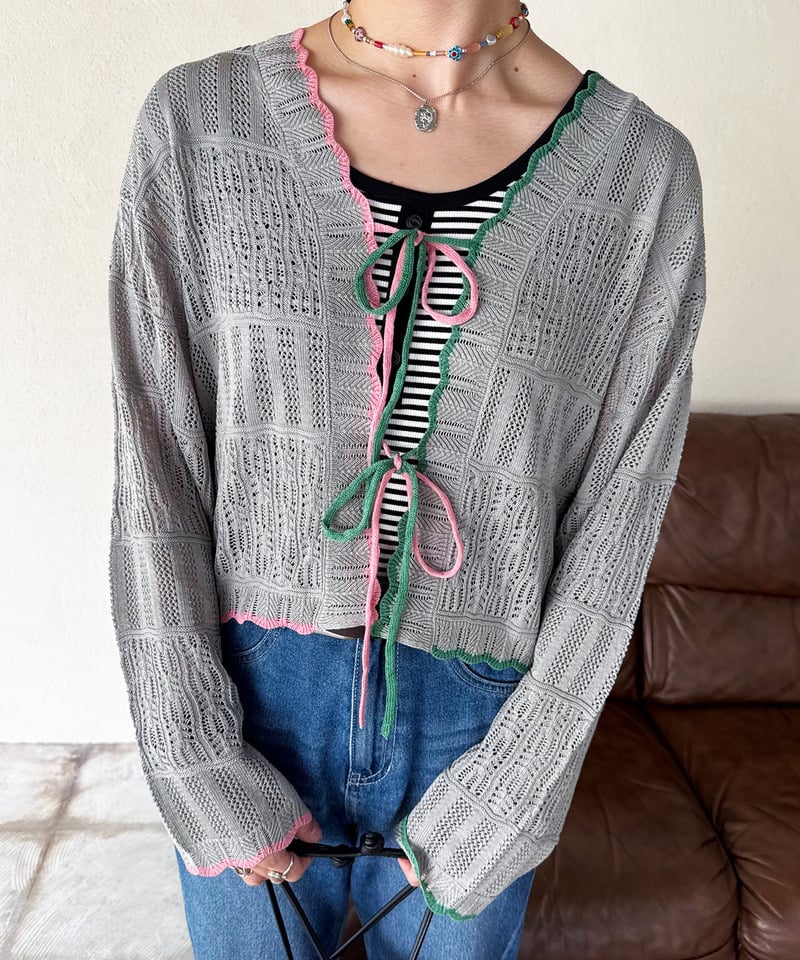 撞色 ribbon lace knit cardigan - Image 65