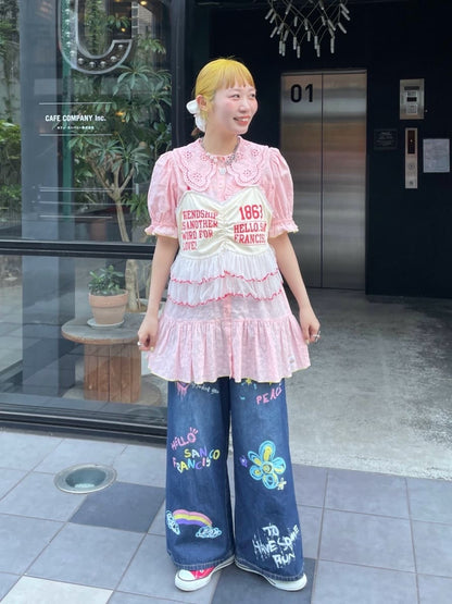 HELLO.SANFRANCISCO Frill Lace Tunic Short-Sleeve Blouse - Image 35