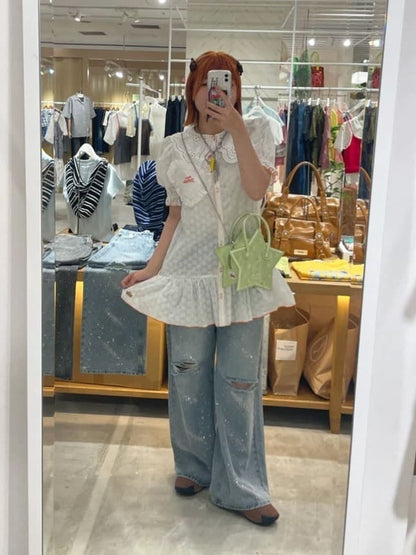 HELLO.SANFRANCISCO Frill Lace Tunic Short-Sleeve Blouse - Image 39