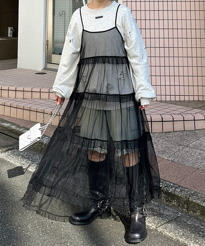 フリルティアードキャミワンピ