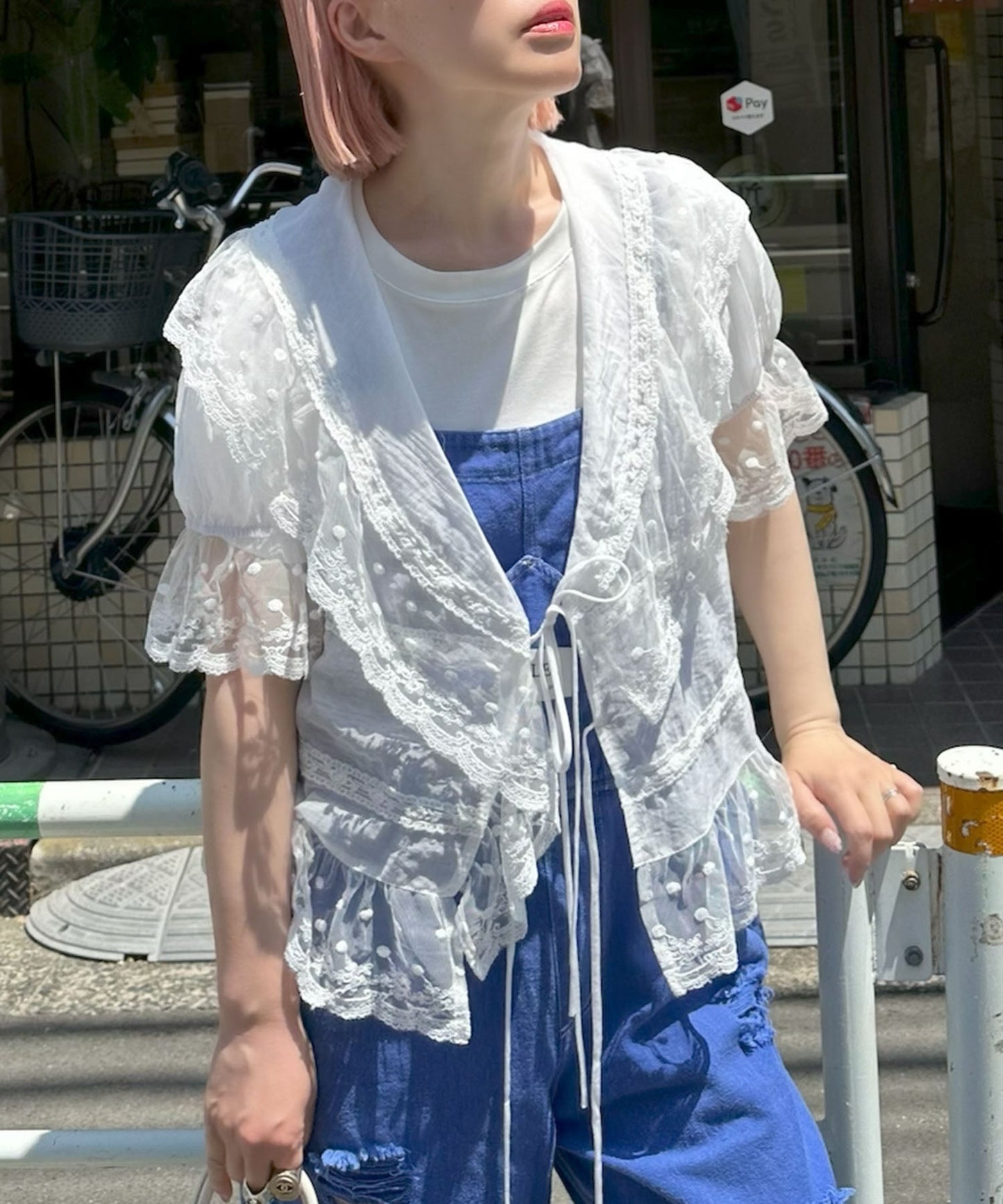 フリル＆レース半袖ブラウス