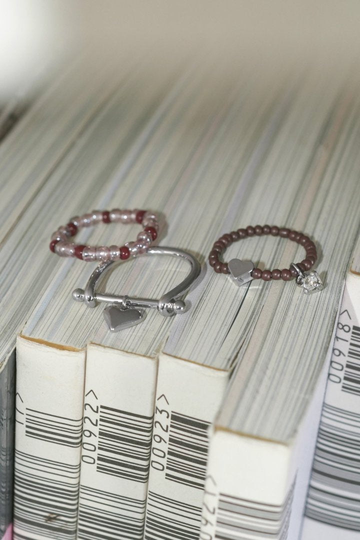 GOLDY Color beads x heart set ring - pink