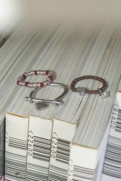 GOLDY Color beads x heart set ring - pink